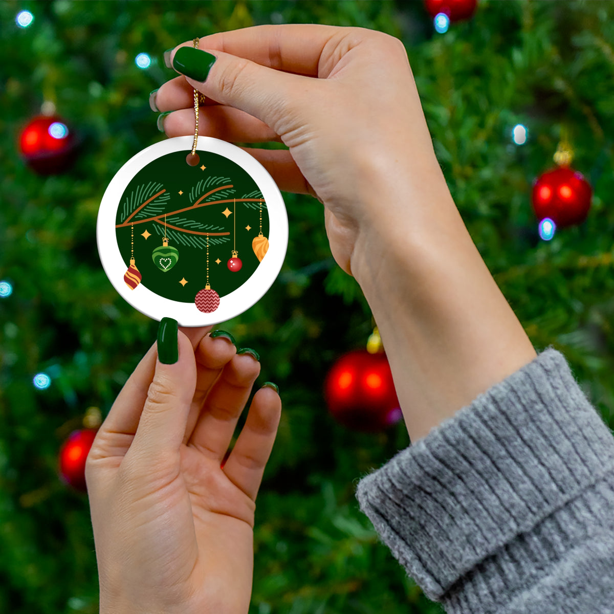 Green And Gold Round Ceramic Christmas Ornament, 2.76in