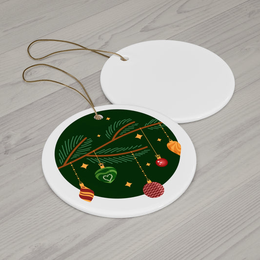 Green And Gold Round Ceramic Christmas Ornament, 2.76in