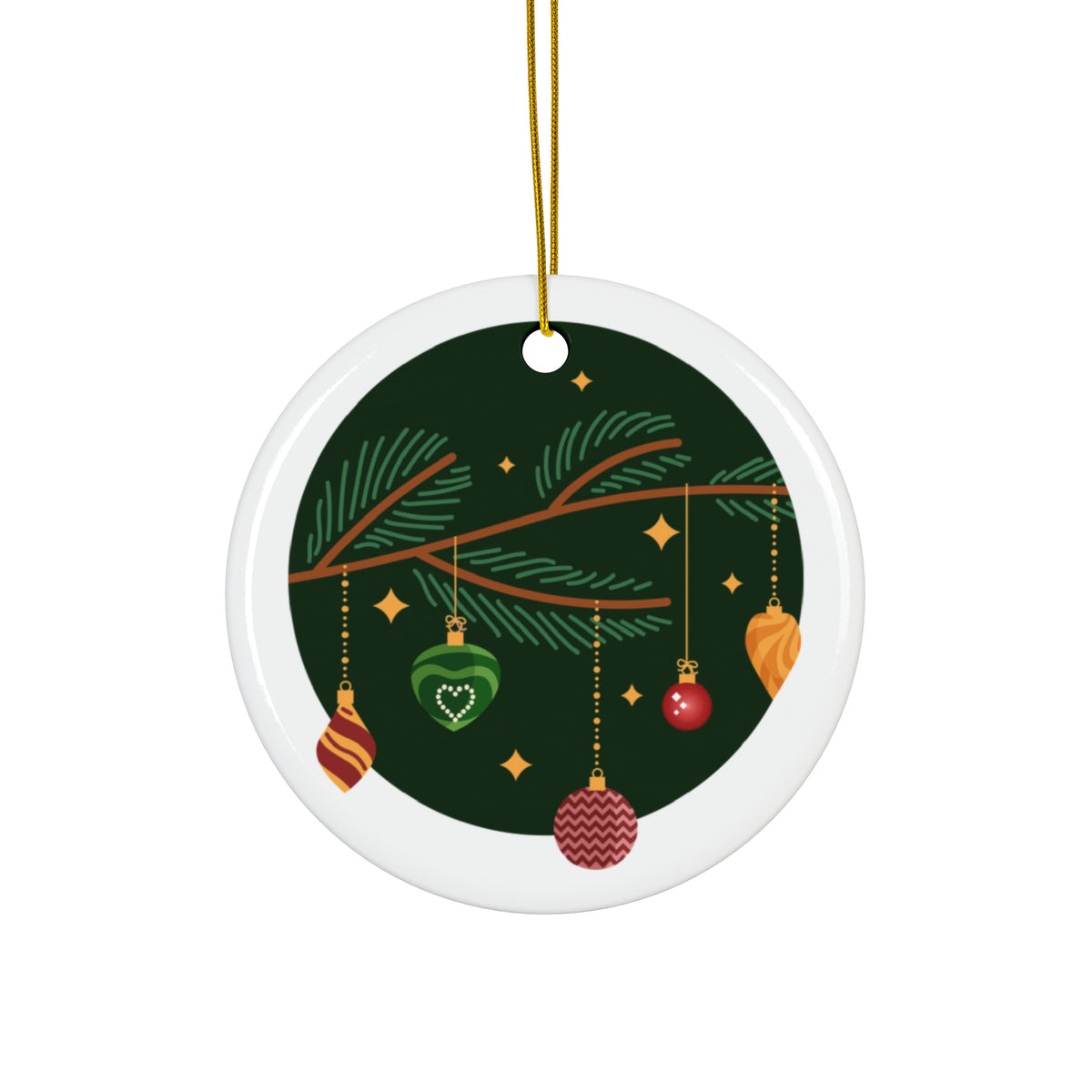 Green And Gold Round Ceramic Christmas Ornament, 2.76in