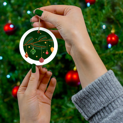 Green And Gold Round Ceramic Christmas Ornament, 2.76in